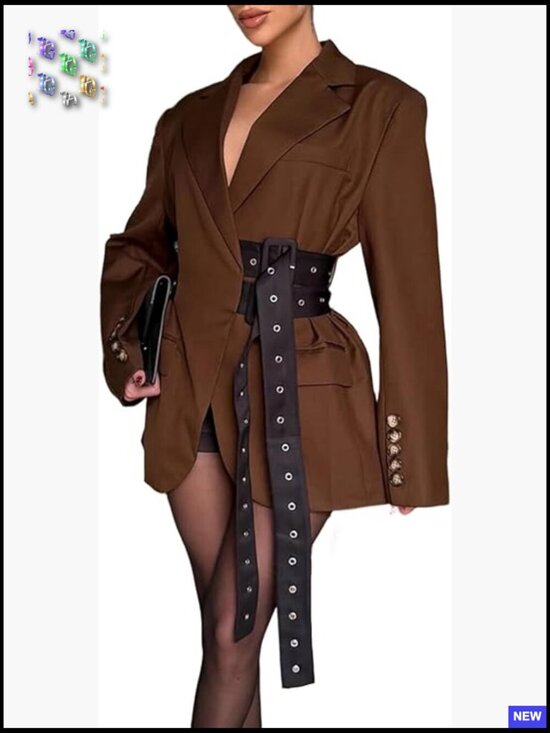 Jackets & Blazers - Oversized Blazer Dress Long Sleeve Belted Trench Style Fall Work Office Chic